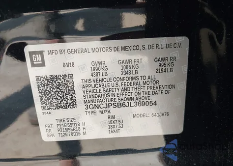 2018 Chevrolet Trax Lt из США, поврежденный, VIN 3GNCJPSB6JL369054